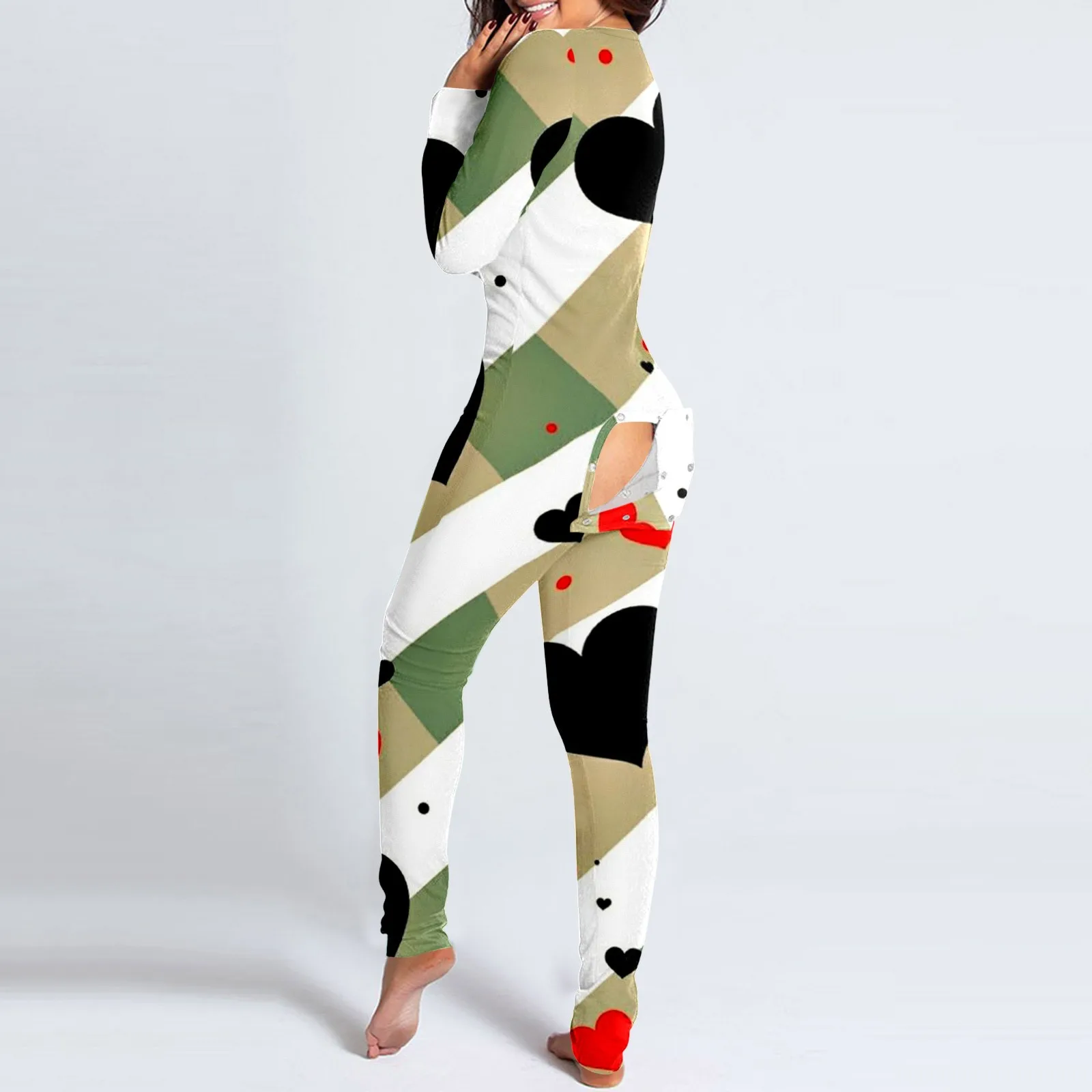 Womens Buttoned Flap Functional Onesies Pyjamas Button Down Jumpsuit Love Print Functional Buttoned Flap Adult Onesie Jumpsuits