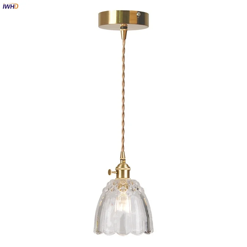 

IWHD Copper Knob Switch LED Pendant Light Fixture Nordic Modern Simple Dining Room Lights Clear Glass Kitchen Hang Lamp Hanglamp