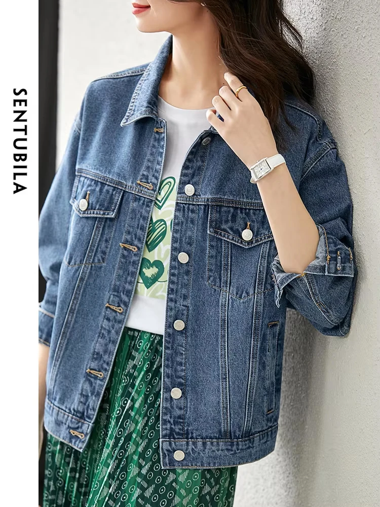 SENTUBILA Vintage Denim Jackets for Women Spring Autumn Casual Loose Jeans Jacket Long Sleeve New Outwear Tops Female W31W48588X