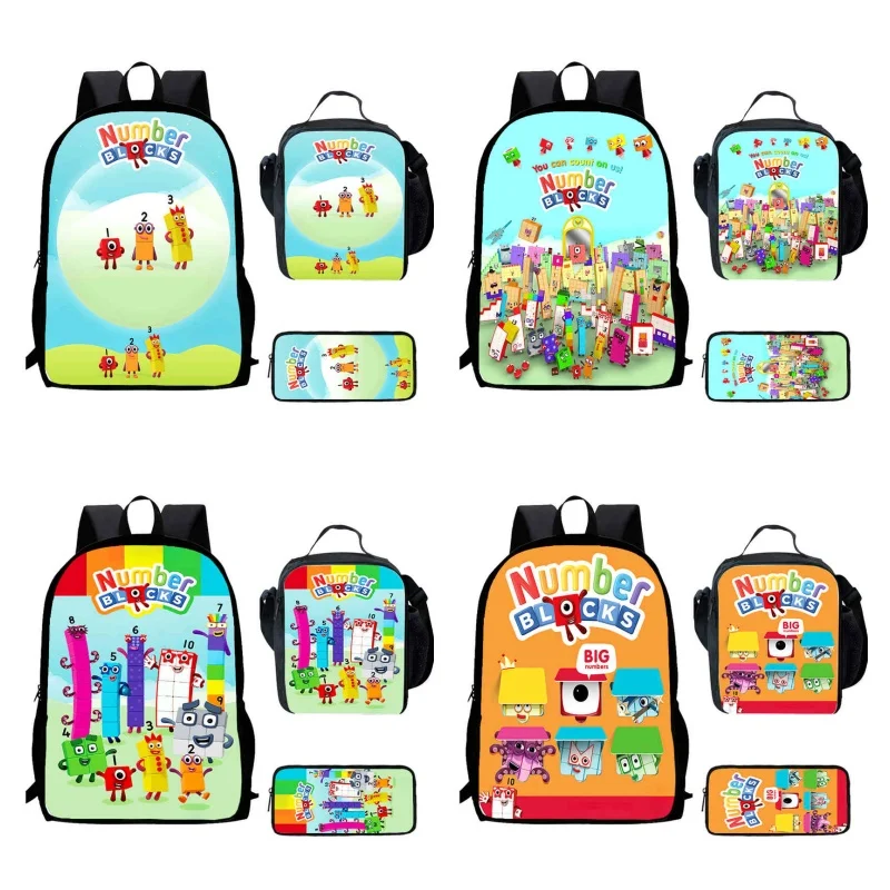 Cartoon Numberblocks Child School Backpack with Lunch Bags Pencil Bags for Kindergarten,Best Gift For Boys and Girls Book Bags