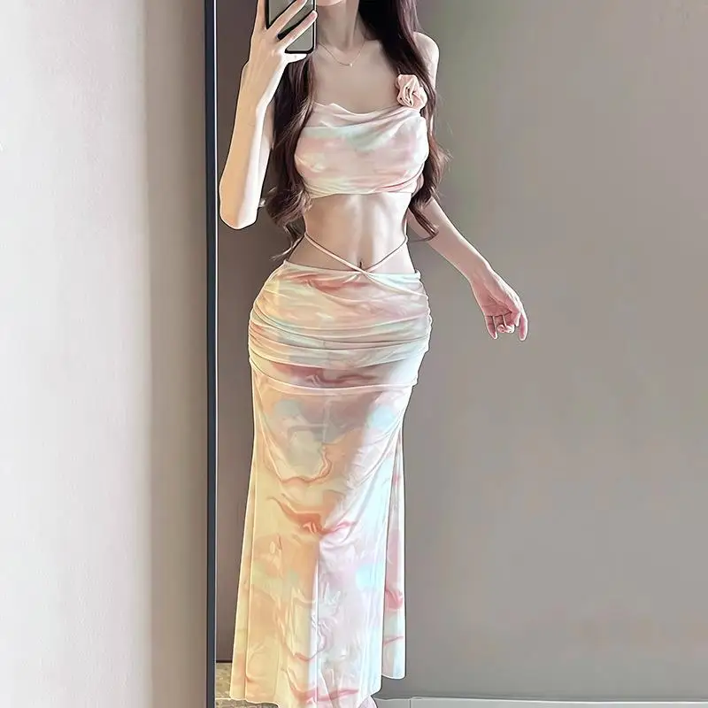 Sexy Bikini Swimsuit Women's Two-Piece Three-Set Beach Vacation Steel Support Gathered Long Dress Polyester Fiber Sleeveless ...