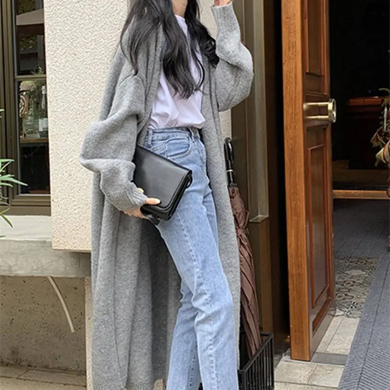 Medium and Long Sweater Cardigan Jacket Women's Spring and Autumn Loose Lazy Style Knitted Sweater