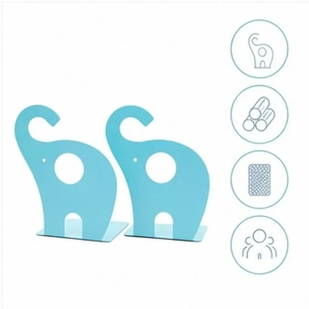 1Pair Blue Metal Bookends 19.3x12x12cm Elephant Style Nonskid Sturdy Book Ends for Study Room Office Gift Decorative Book