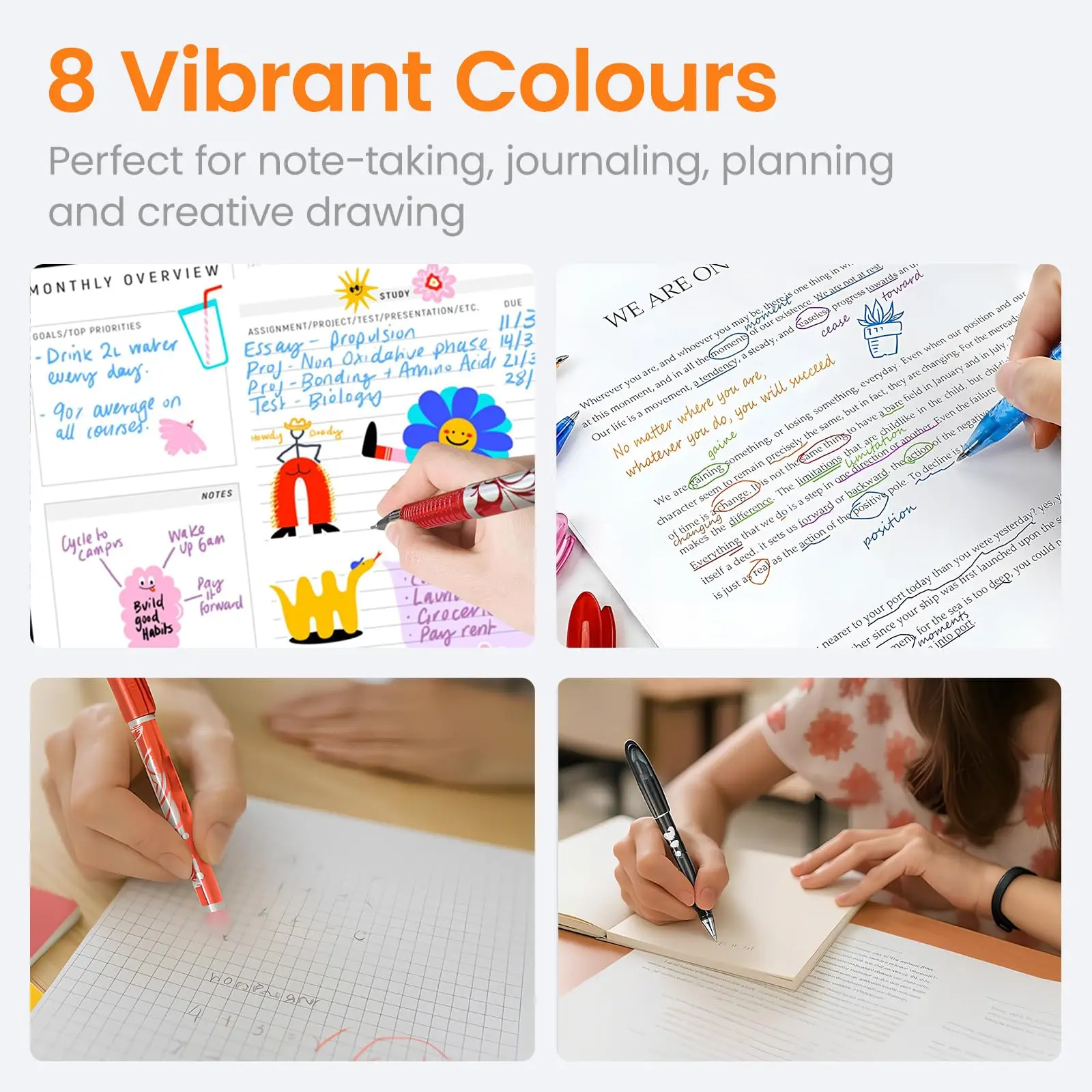 أقلام فرك 8 ألوان، أقلام قابلة للمسح مع 40 عبوة، قلم جل قابل للمسح رفيع 0.5 مم مع غطاء قلم للمجلات والملاحظات والرسم