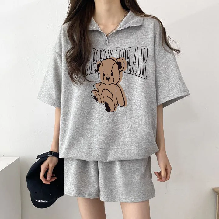 

2024 Fashion O Neck Shrot Sleeve T Shirt Shorts Sets Female Bear Cartoon Printed 2 Piece Suits Women Clothing Summer