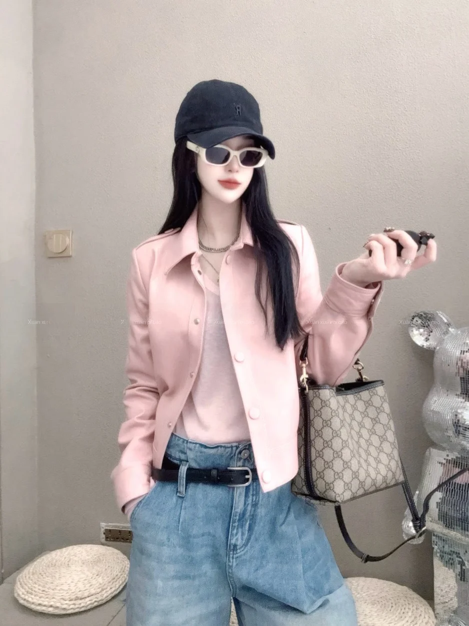 

Spring 2026 Vintage Hong Kong Sle Loose Motorcycle Leather Jaet Women's Biker Jaet Stand Collar ort Zipper Coat