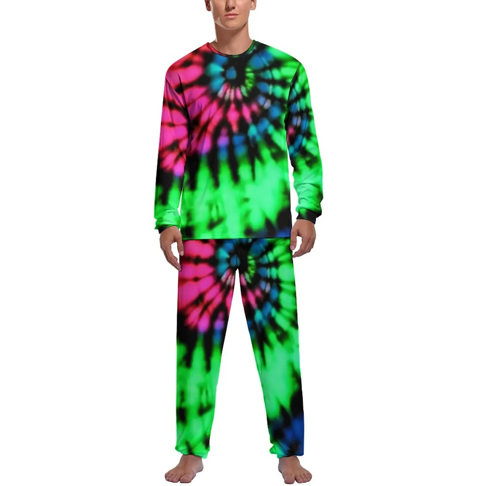 

Bright Tie Dye Pajamas Long-Sleeve Rainbow Print Two Piece Casual Pajama Sets Autumn Man Design Warm Nightwear