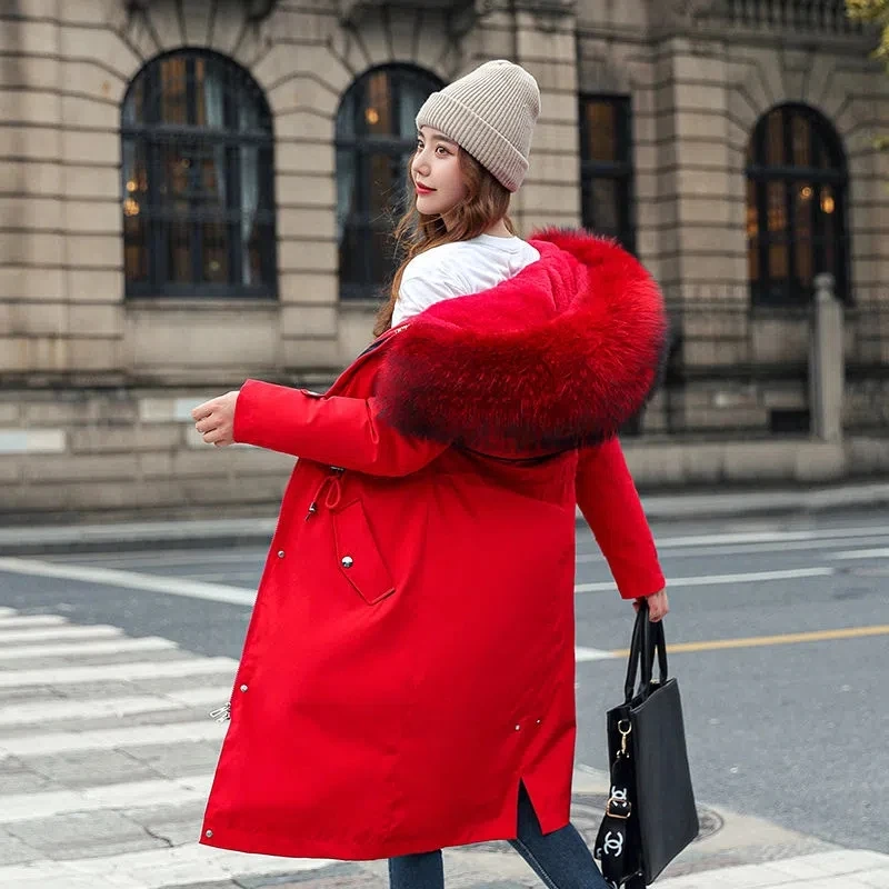 Parkas largas con forro de piel extraíble para mujer, abrigo informal con capucha, chaqueta gruesa de algodón, ropa de abrigo cálida, novedad de 2022