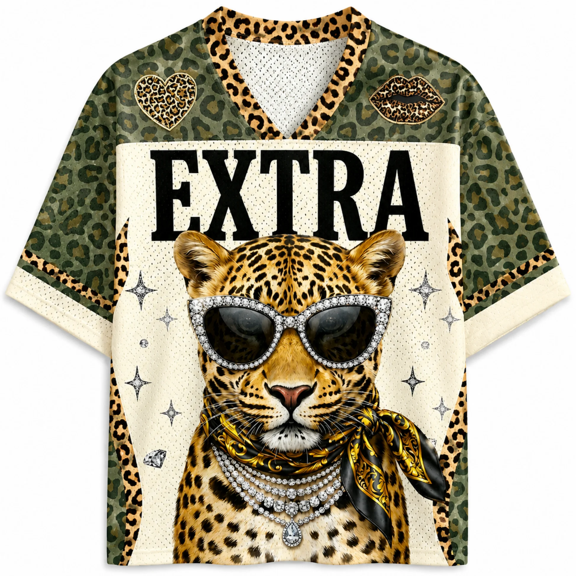 Leopard Print Queen Leopard Crown Diamond Lip Heart Slogan V Neck Jersey Color Block Retro Hip Hop Streetwear Sports Top