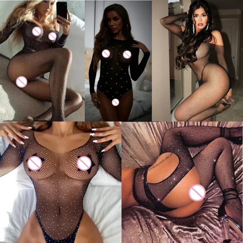 

Sexy Lingerie Women Body Stockings Fishnet Rhinestone Bodysuit Erotic Costumes Long Sleeve Off Shoulder Babydoll Dress