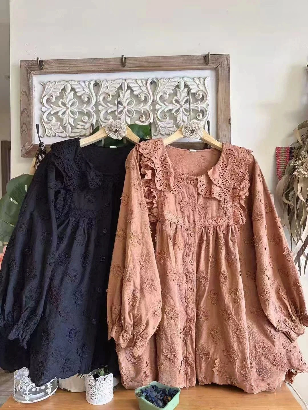 

2026 Japan fashion women's long sleeve top mori girl spring cotton linen eyelet lace patchwork ruffled shirts embroidered blouse