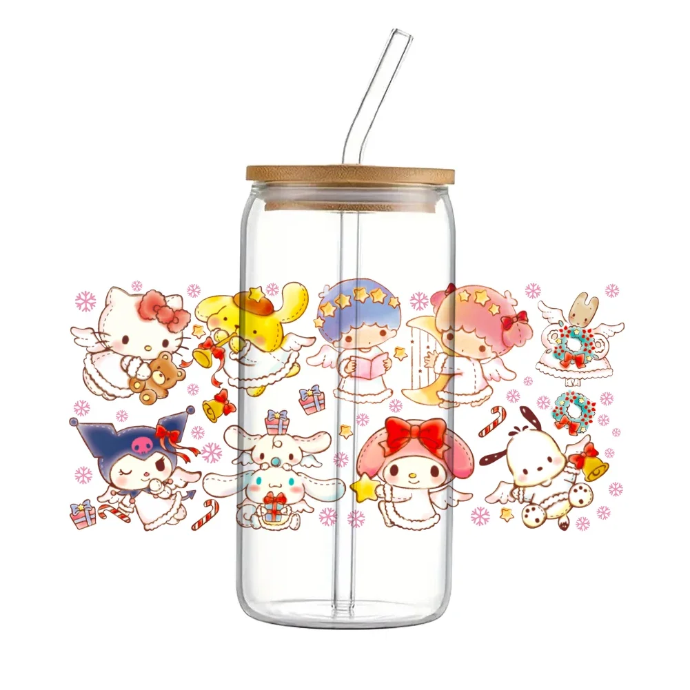 Hello Kitty Christmas Cartoon 3d Uv Dtf Transfers Stickers 16Oz Cup Wraps Cartoon Boog Bedrukt Diy Glas Keramisch Metalen Leer