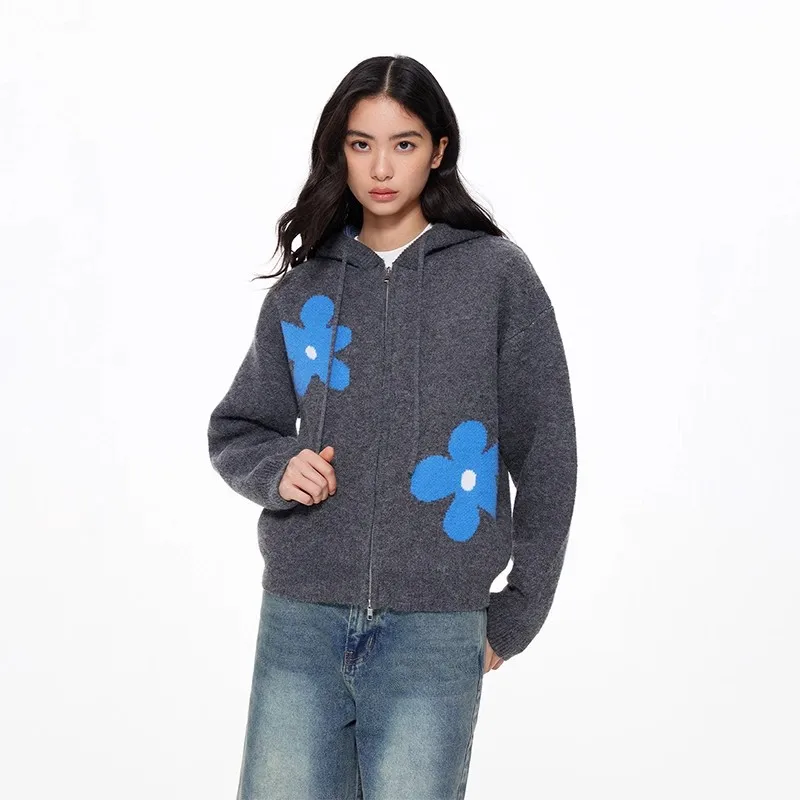 플라워 후드 스웨터 레이지 니트 스타일 가디건 가을 겨울 아우터 지퍼 캐주얼 트렌디 탑