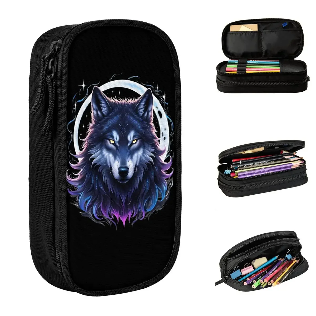 Cute Cool Blue Wolf Pencil Cases Pencil Pouch Pen Holder for Student Large Storage Bags Office Gift Stationery