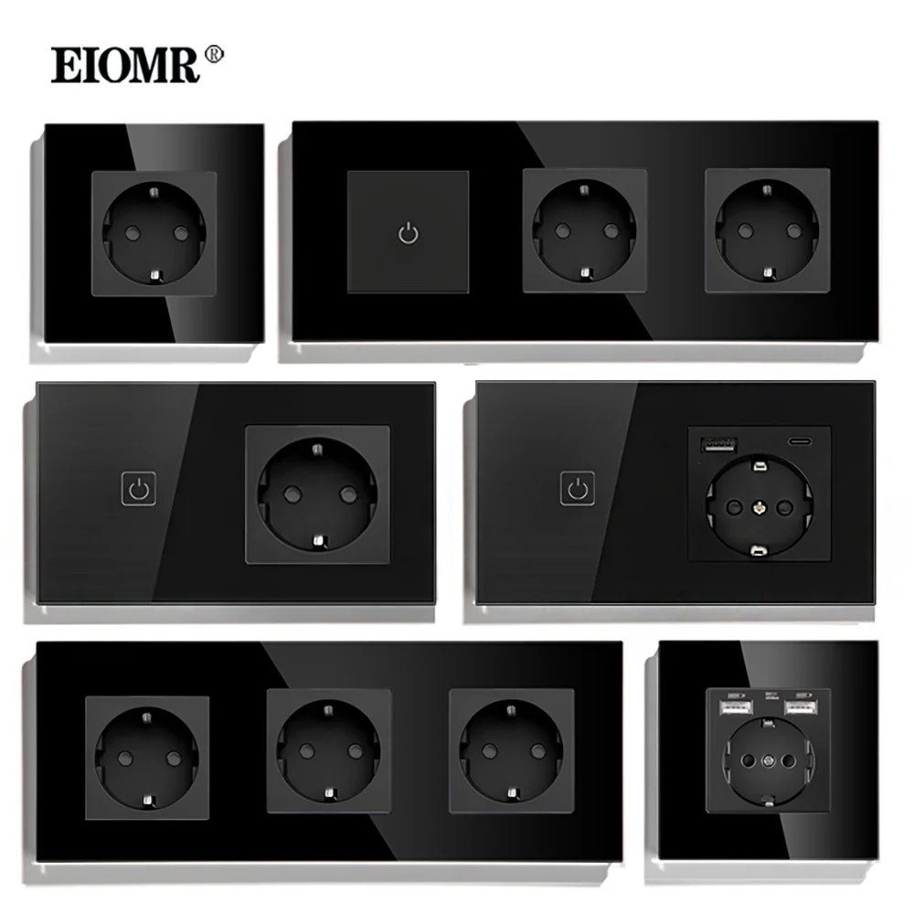 EIOMR EU Black Touch Light Switch with USB Wall Socket Wall Led Switches 1/2 Gang Crystal Glass Panel Blue Backlight Wall Switch