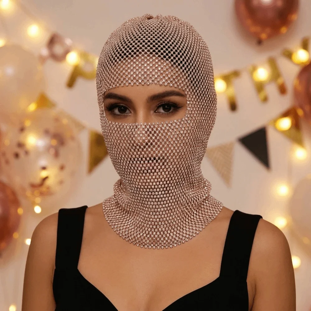 Elegant Zircon Rhinestone Mesh Veil Elastic Mesh Rhinestone Head Mask Headwrap Y2K Mask Turban Hat Party