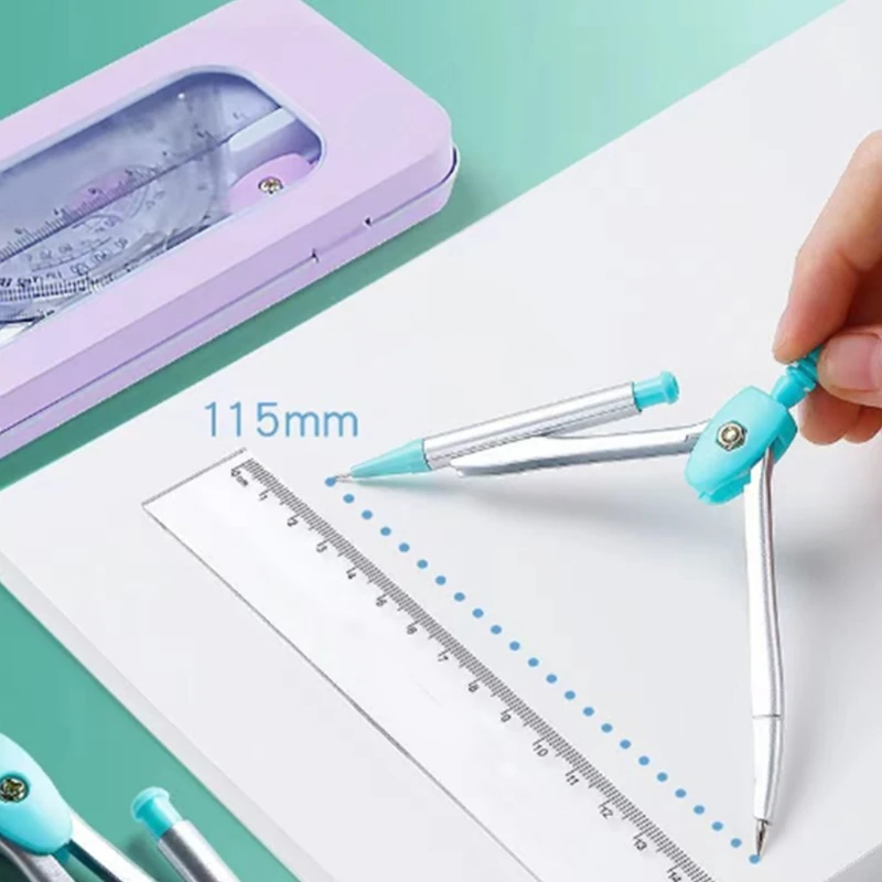 7Pcs Math Geometry Tool Student Drawing Supplies Include Geometry Compass, Set Square, Eraser, Math Protractor, Refills