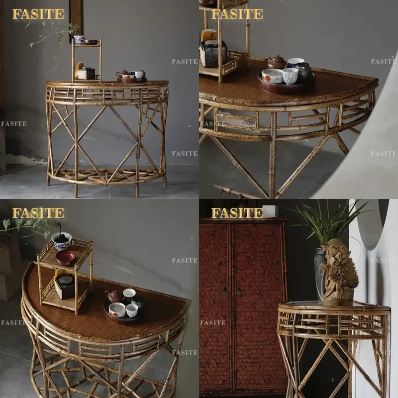 For Bamboo Half Platform Flower Stand Indoor Semicircular Entrance Table Ming-style Classical Living