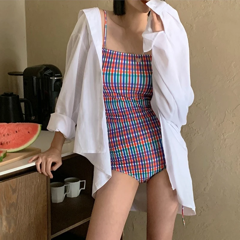 

Винтажный красочный полосатый цельный купальник женский корейский стиль бохо сексуальный пляжный купальник с треугольным низом Kawaii тонкий купальный костюм