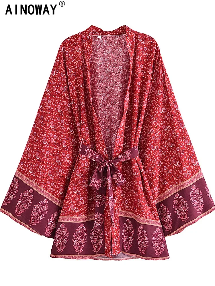 Vintage Red Floral Print Sashes Women Bohemian Beach Kimono V Neck Batwing Sleeves Happie Short Boho Robe Bikini Cover-ups