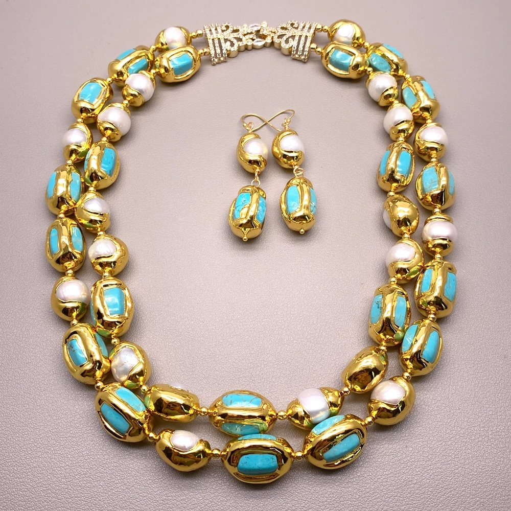 Luxury style 13x20mm Green Turquoise nugget White Freshwater Pearl With Electroplated Edge necklace& earrings set