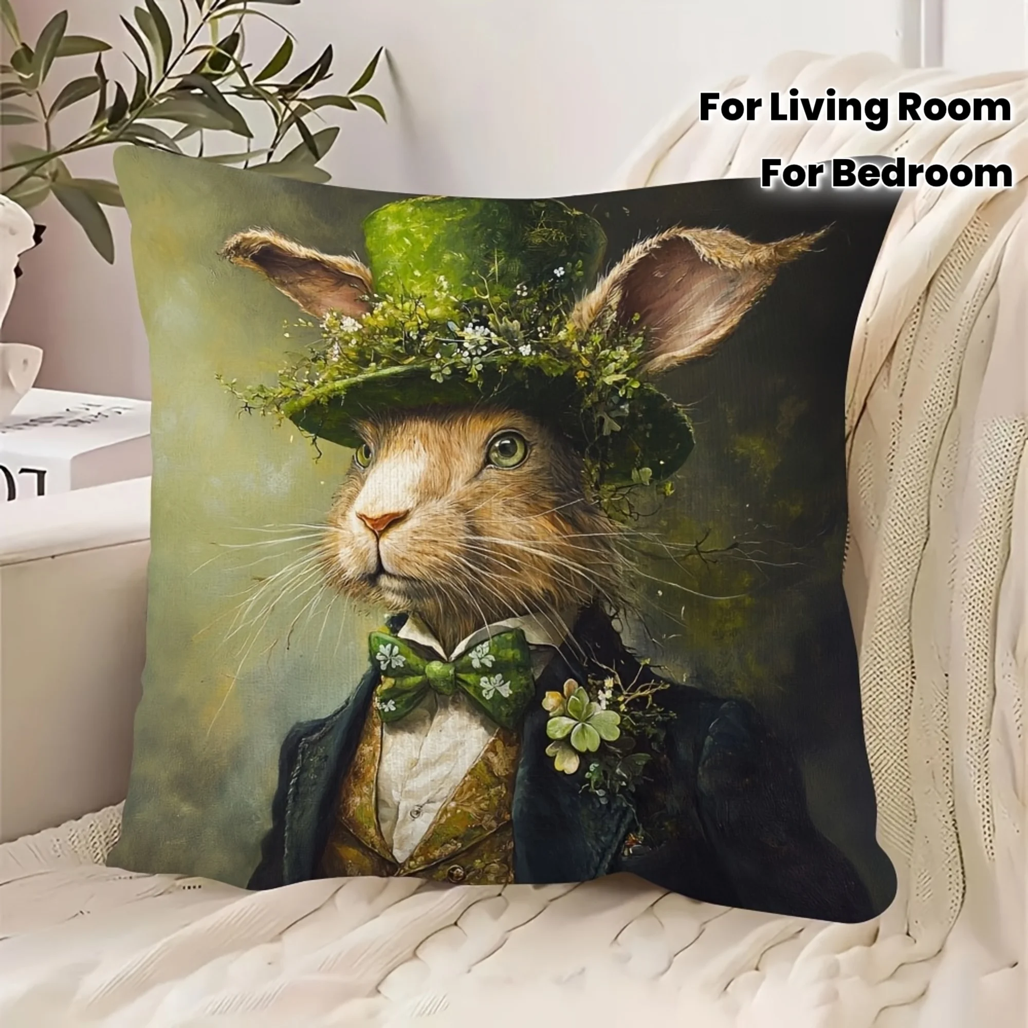 1pc Traditional-Style St Patrick'S Day Bunny Decorative Pillowcase 18x18 Inches Double-Sided Short Plush Polyester 100% Zipper C