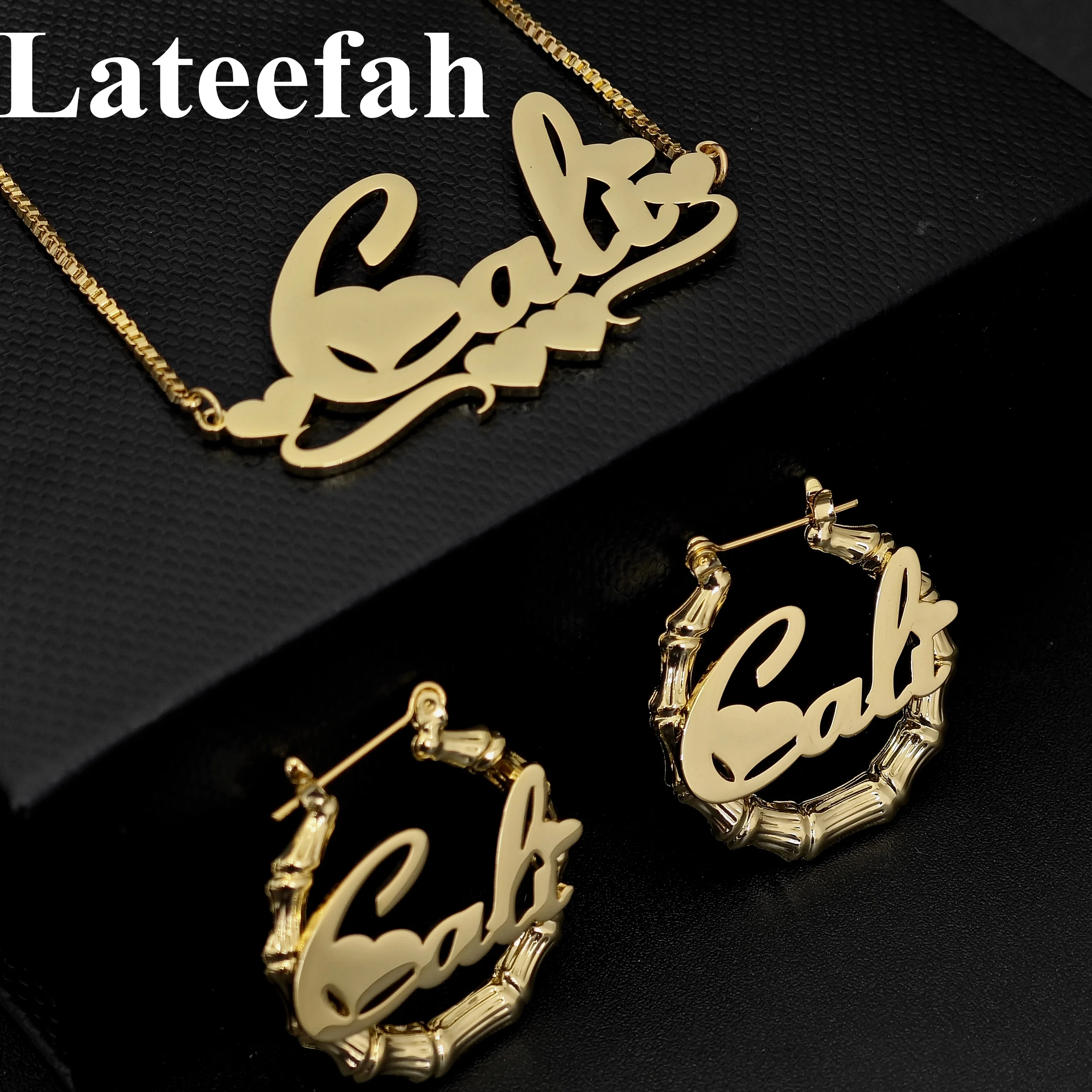 Lateefah Hot Sale Personalized Stainless Steel Bamboo Earring Necklace Set Custom Name Jewelry