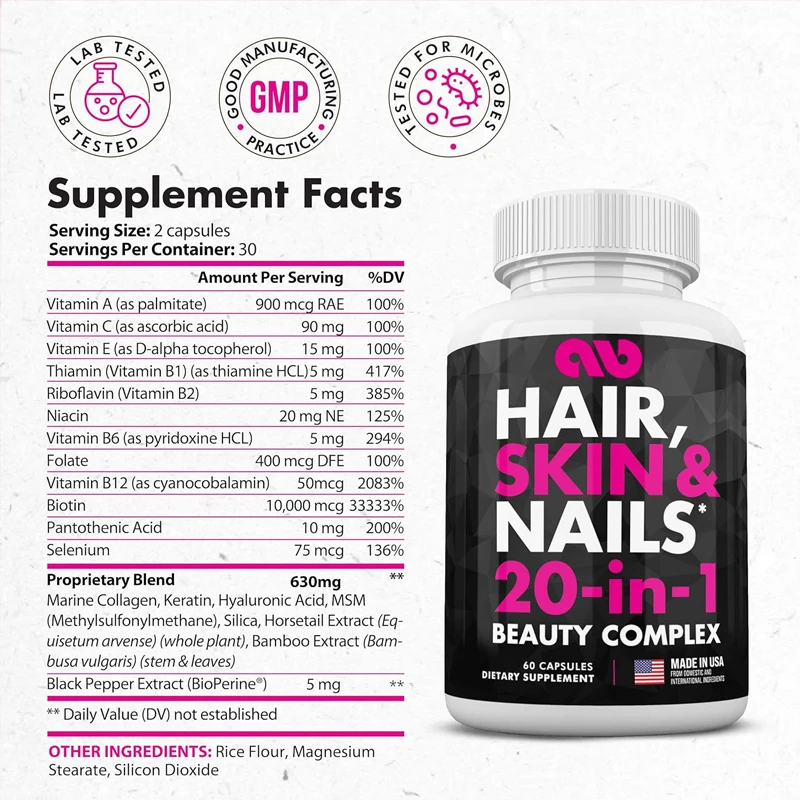 Biotin, collagen, silica, hyaluronic acid, and keratin - hair, skin, and nail vitamins - nails and skin -60 capsules