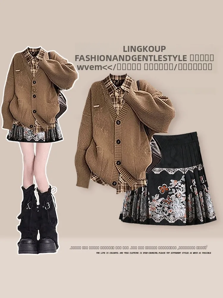 

Комплект из двух предметов: вязаная рубашка в клетку и юбка-трапеция в китайском стиле для женщин, осенне-зимний, больших размеров, с эффектом омоложения