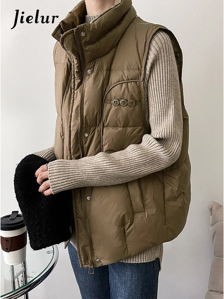 Jielur White Duck Down Vest Coat Sleeveless Light Down Jacket Women Black Beige Windproof Lightweight Warm Waistcoat Female New