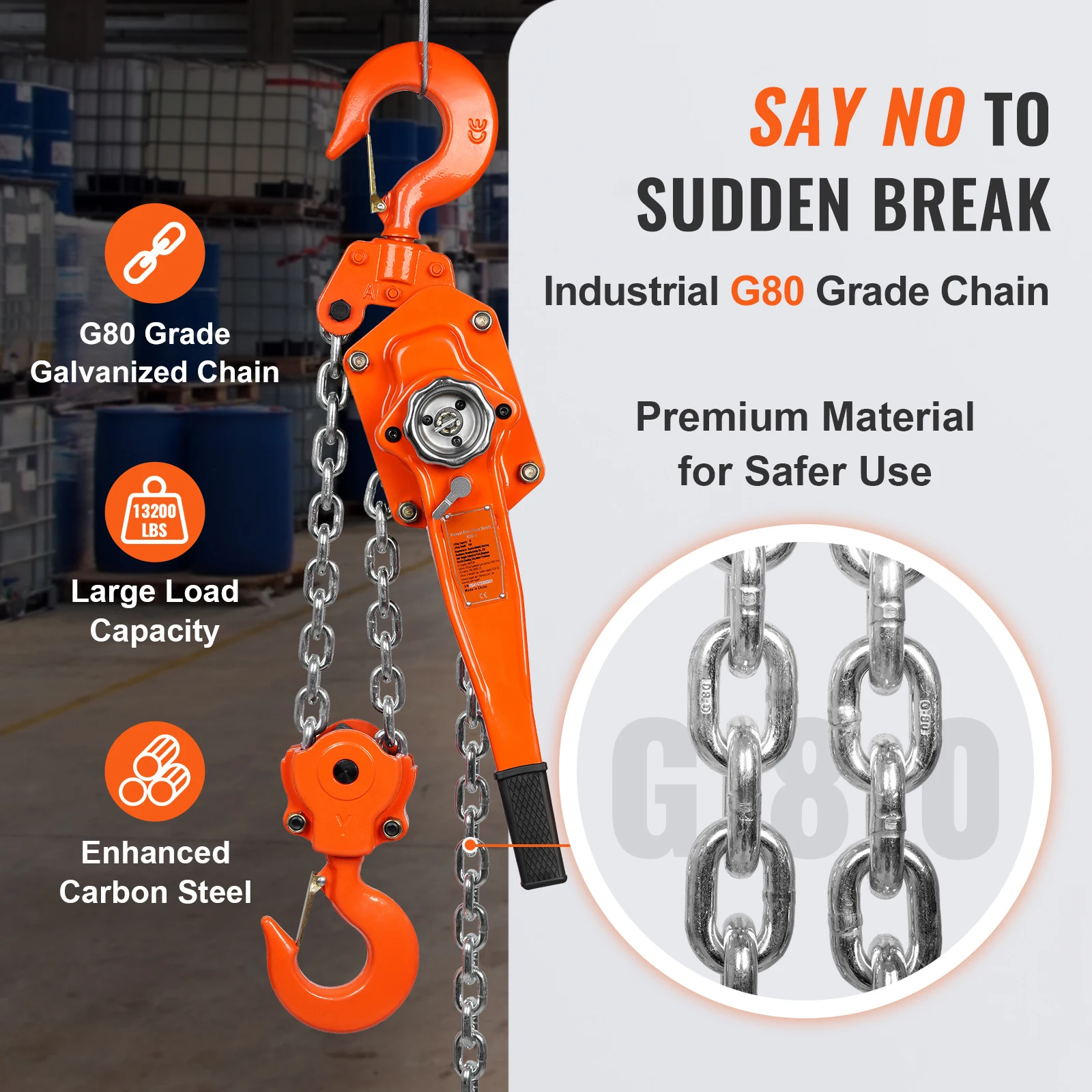 SucceBuy Manual Lever Chain Hoist G80 Galvanized Carbon Steel with Double-Pawl Brake Auto Chain Leading & 360° Rotation Hook