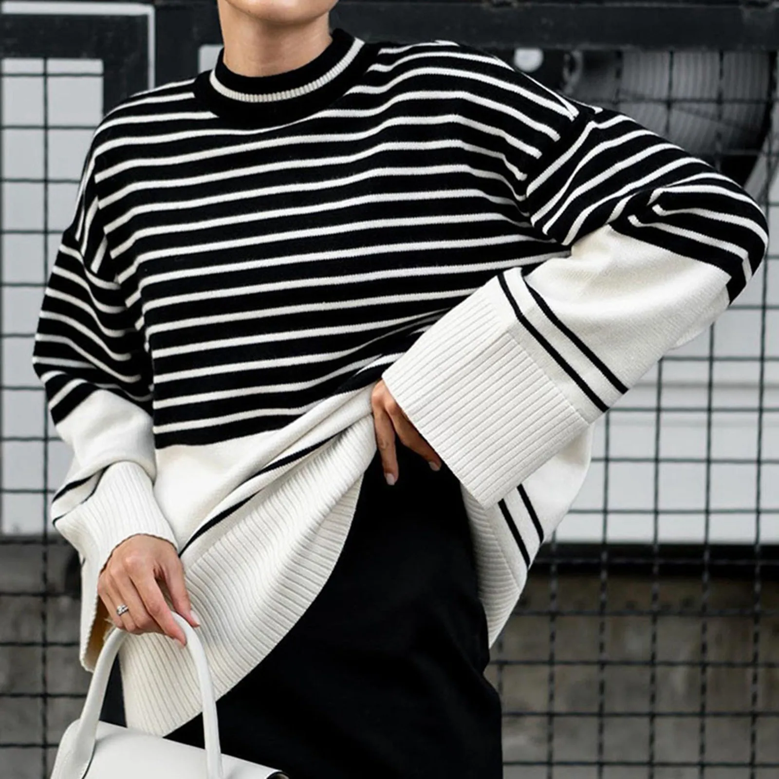 Pull Rayé à Col Rond pour Femme, Vêtement Décontracté, à la Mode, Streetwear, Collection Automne Hiver 2023