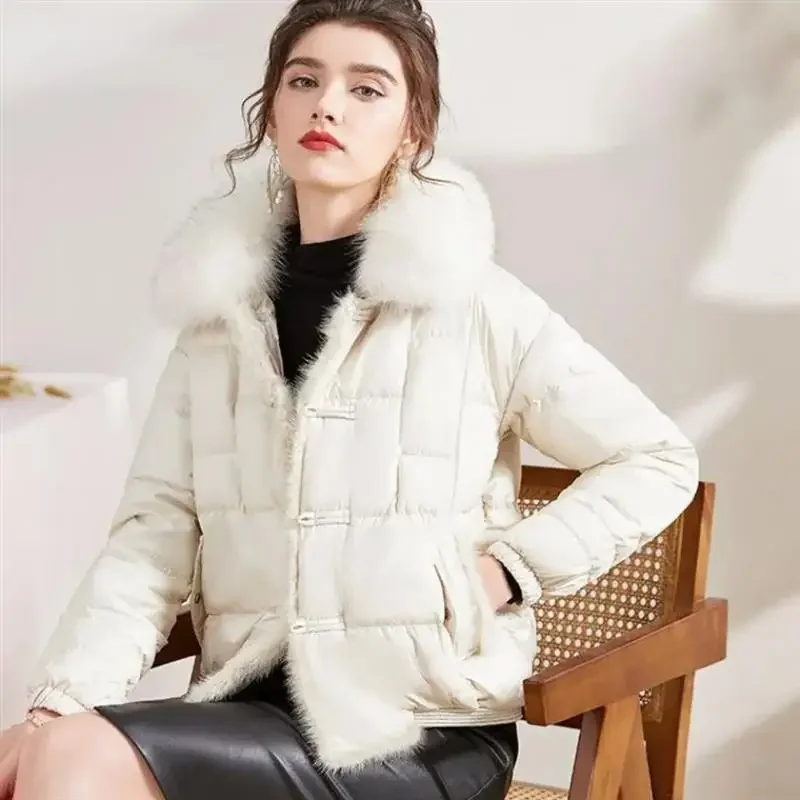 Doudoune courte en duvet de canard blanc pour femme avec col en fourrure de renard véritable, manteau matelassé chaud pour femme, parka vintage, hiver, 90%