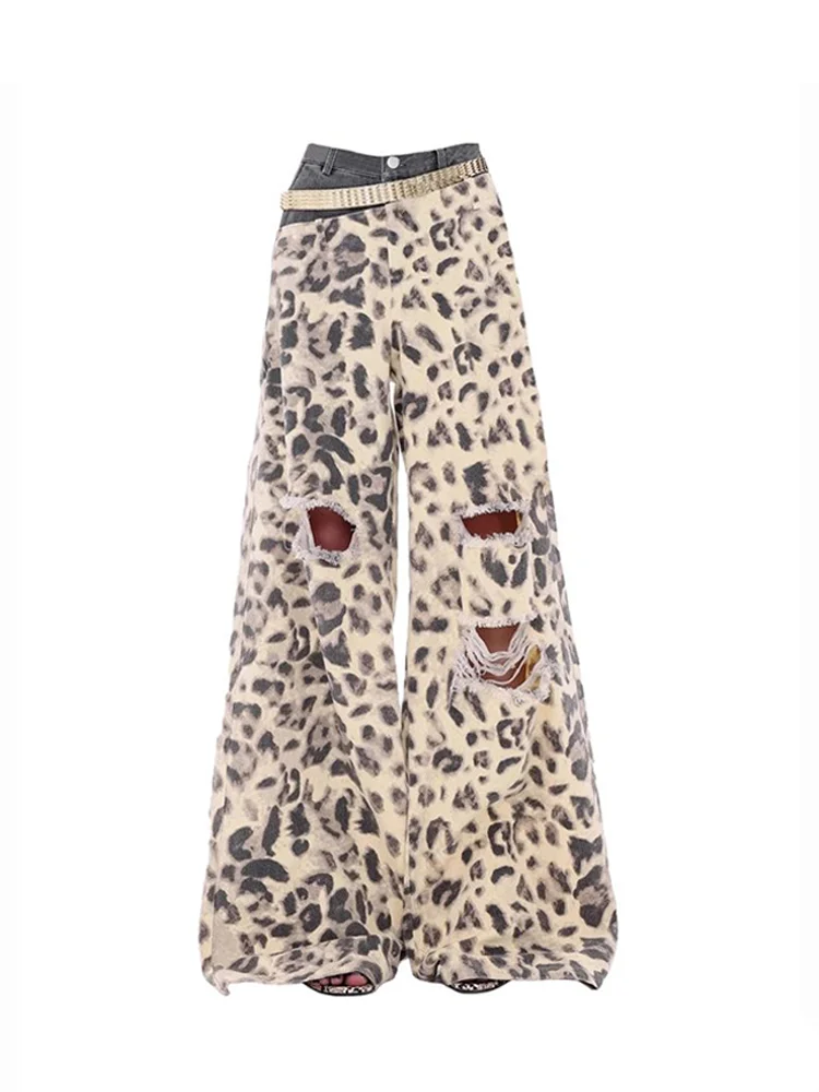 

Women's Leopard Print Splicing Jeans Cargo Baggy Y2K American High Street Harajuku 2000S Aesthetic Vintage Jeans Trousers 2025