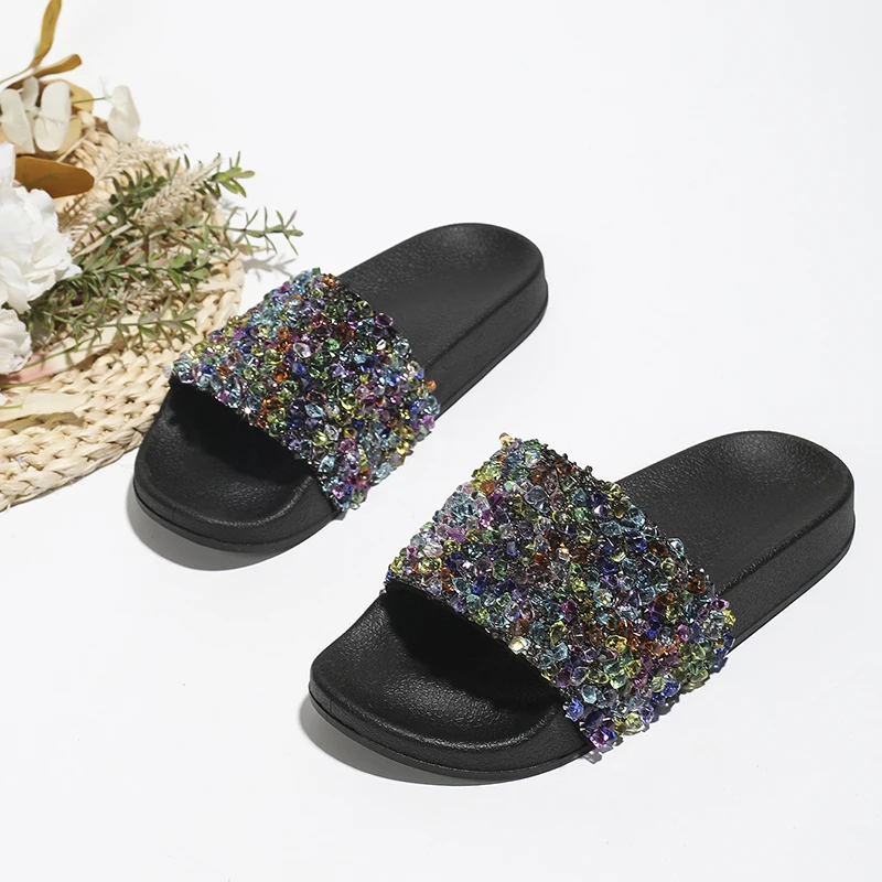 Flat Beach Shoes Niche Design Sequined Simple Flat Slippers Casual Crystal Slides Female Shoes