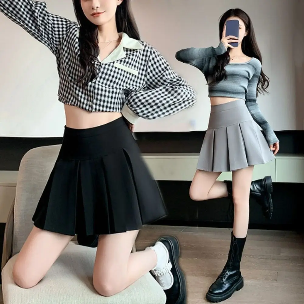 Koreaanse Stijl Hoge Taille Geplooide Mini Rokken Korte Jurk Y2k Eenvoudige Preppy Stijl Rokken Effen Kleur A-lijn JK Korte Rok Meisje