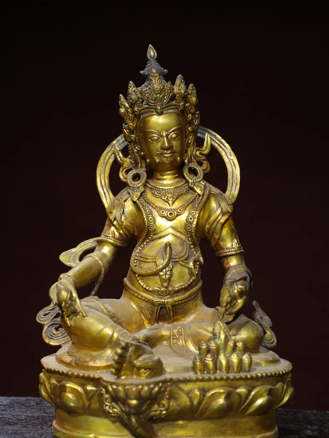 

12"Tibetan Temple Collection Old Bronze Gilded Cinnabar Yellow Jambhala Sitting Buddha Lotus Terrace Worship Hall Town house