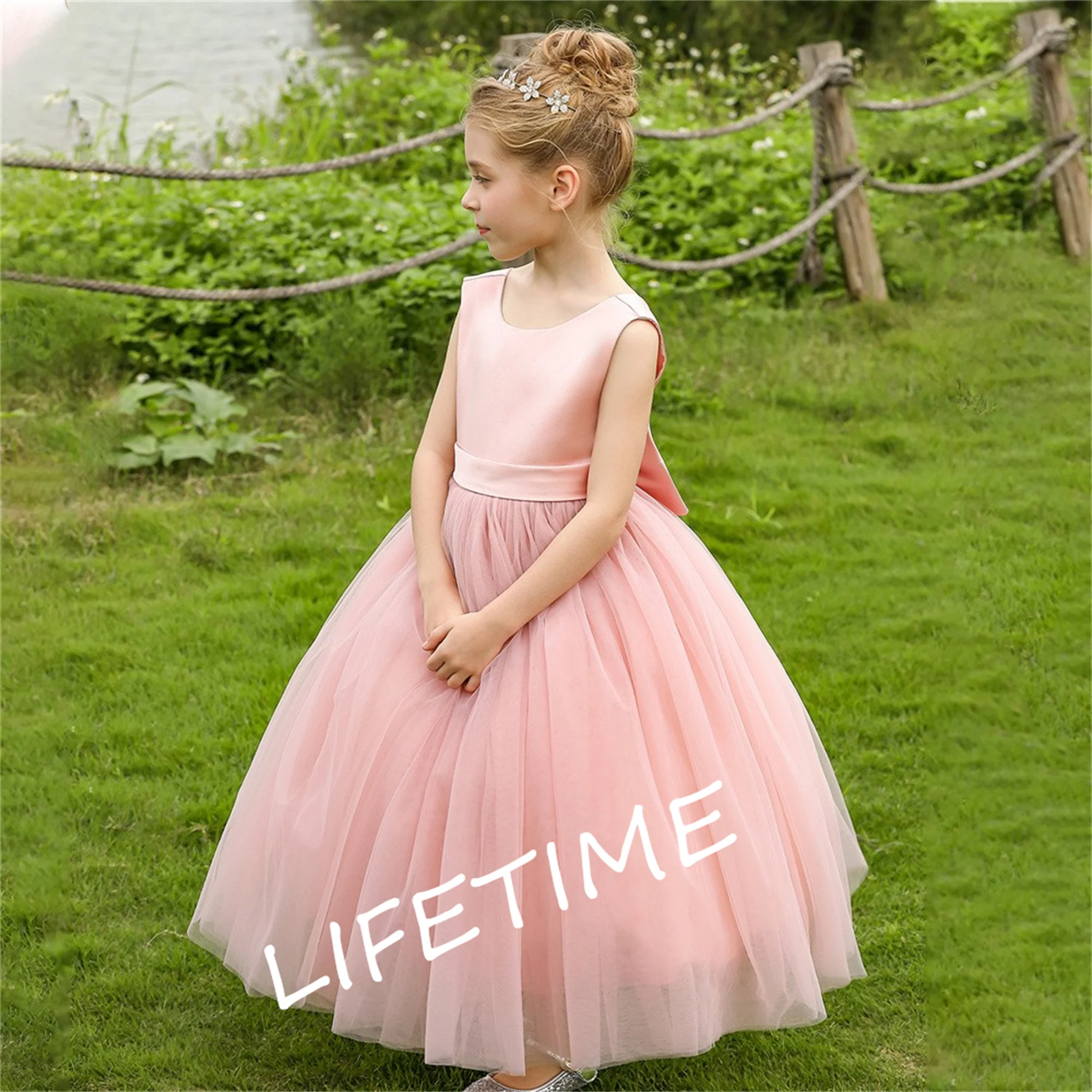 Bow Round Collar Flower Girl Dresses Elegant Evening Host Dress First Communion Birthday Ball Portable Piano Performance