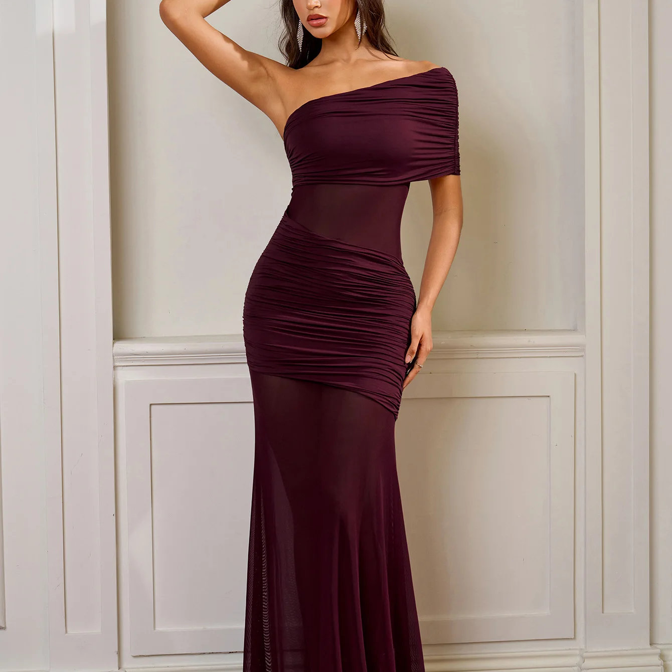 فستان Mingmingxi طويل للحفلات للنساء، فستان شفاف شبكي مثير، فستان أنيق بكتف واحد مكشكش لحفلات أعياد الميلاد #3