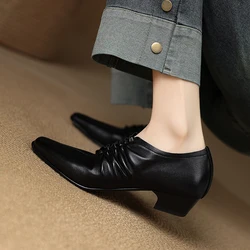 2025 New Fashion Square Toe Thick Med Heels Women Pumps Spring Summer Office Lady Party Genuine Leather Shoes Woman Size 34-40