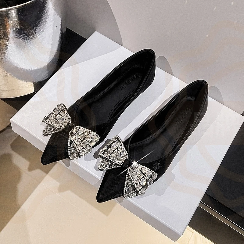 New Arrival Womens Shoes Fashion Rhinestone Bow Flats Shoes for Woman Elegant Wedding Guest Shoe Designer Shoes Zapatos De Mujer