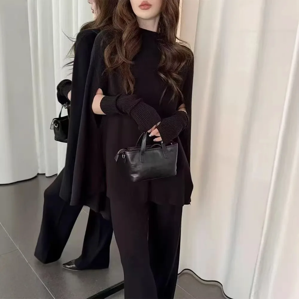 SuperAen ルーズバットウィングスリーブセーター女性用ワイドレッグパンツ取り外し可能な袖秋と冬のファッション 3 点セット
