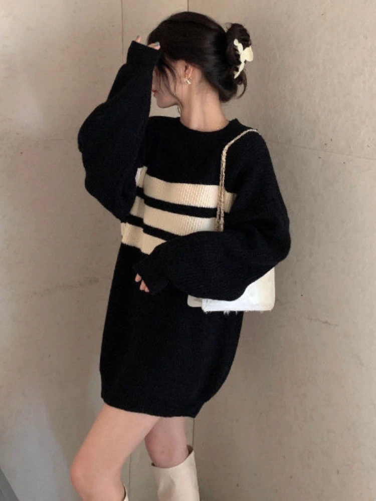 6XL Oversized New Korean Fashion Style Lazy Knitted Stripes Jumper Vintage Plus Size Loose Long Sleeve Pullover Tops Streetwear