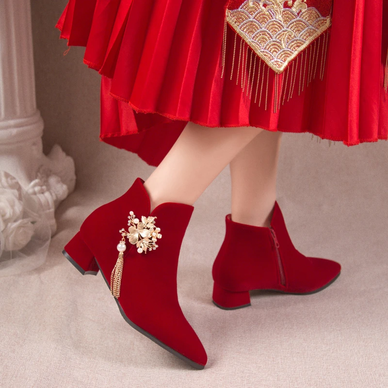 Red Wedding Bridal Shoes 2024 Winter Women\'s Boots Stylish Pointed Toe High Heel Ankle Boots Female Elegant Dress Banquet Shoes