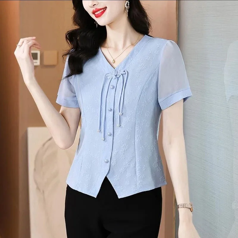 

Elegant V-Neck Lace Up Button Chiffon Shirts Women's Clothing 2025 Summer New Loose Short Sleeve Chic Tops Office Lady Blouses