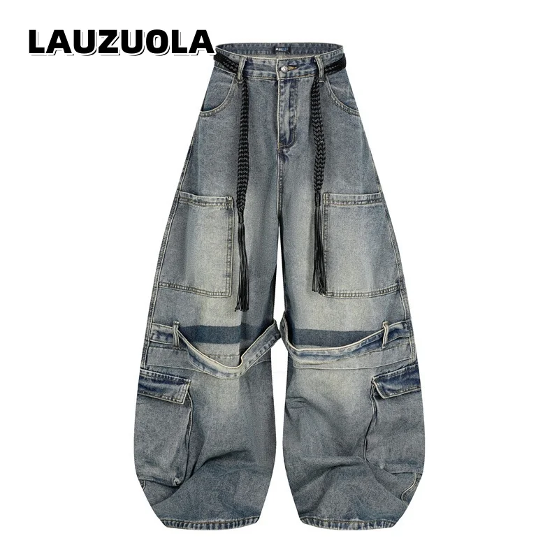 

Vintage Blue Black Wide Leg Jeans Streetwear Multi Pocket Baggy Cargo Denim Pants Comfy Casual Trousers