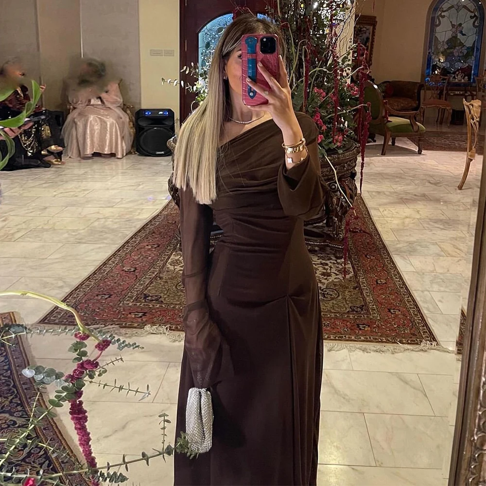 

Saudi Charming Brown Dress Chiffon Ruched Draped Bespoke Occasion Gown Column&Sheath One-shoulder Long Dresses