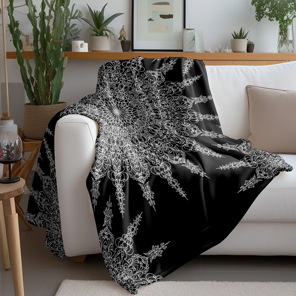 Seamless white black lace snowflake pattern knit blanket scarf for women winter cozy bed throw decor gift