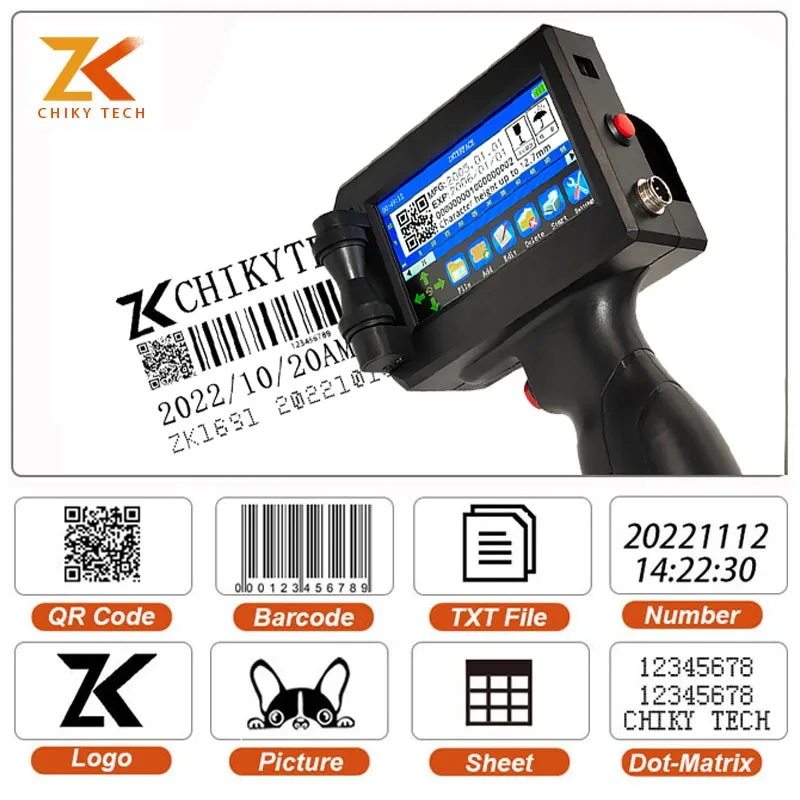 CHIKY ZK1691 Upgraded Handheld Inkjet Printer Gun 12.7mm Fast Dry Expiry Date Coding Machine For Metal Glass Water Bottle