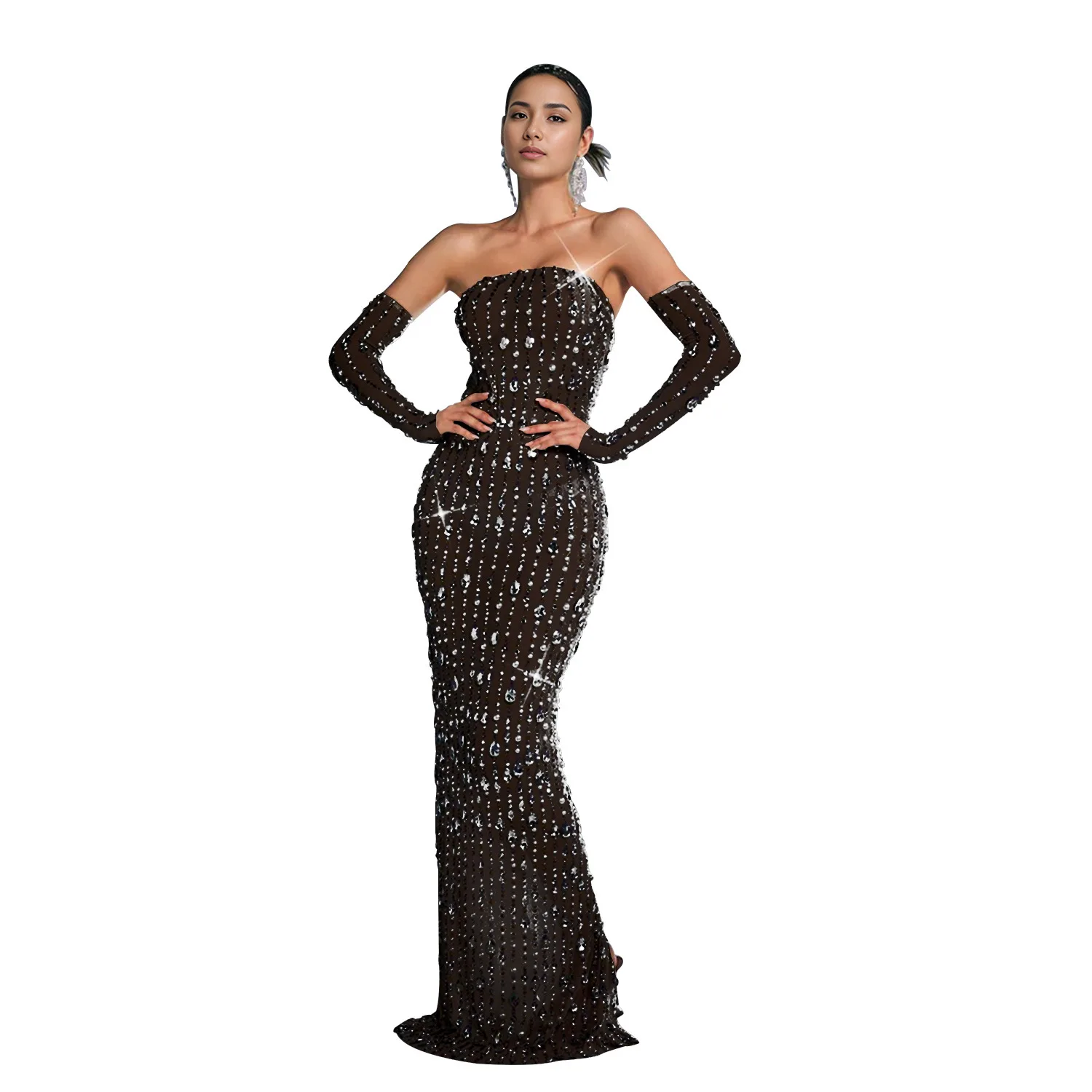 EINY-Vestido de noche con diamantes de imitación para mujer, traje elegante de lujo, negro, sin tirantes, Espalda descubierta, con guante, ocasión Formal, graduación, cumpleaños, Y2k